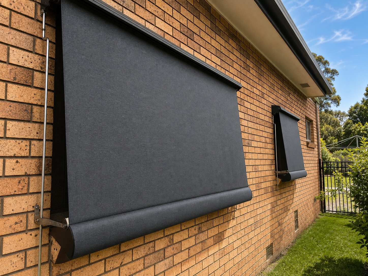 Auto awning installed on a brick residential exterior