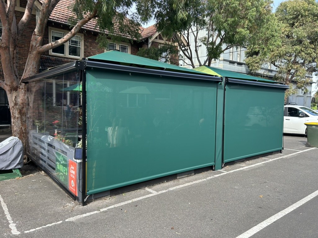Street side view of straight drop blinds at Frankie's Top Shop St Kilda West
