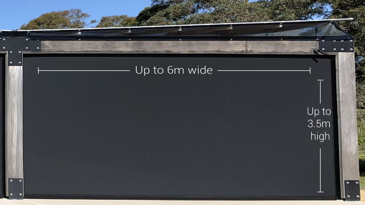 Large Ziptrak mesh blind illustrating an opening up to 6 metres wide and 3.5 metres high